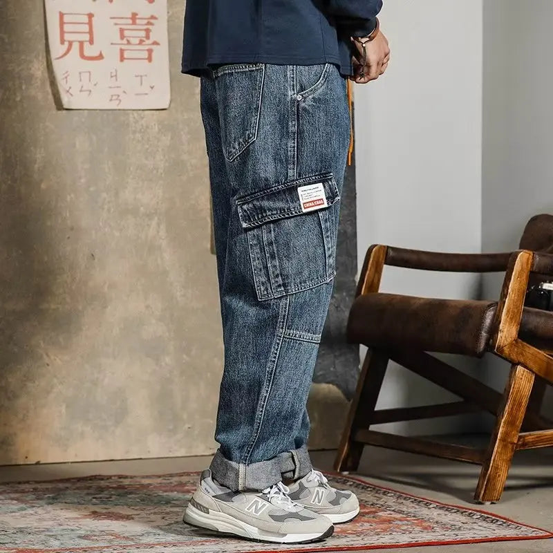 Hearujoy Vintage Cargo Jeans Men Denim Pants Streetwear Oversize Trousers Male Retro Loose Korean Japanese Hip Hop Patchwork