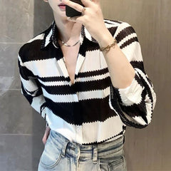 Hearujoy Mens Casual Splicing Striped Long-Sleeved Shirt Genderless 2024 New Fashion Individuality Retro Thin Hollow Loose Top Unisex