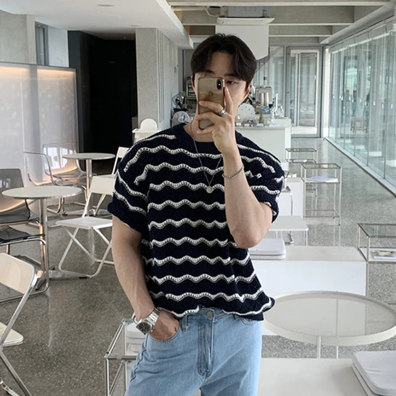 Hearujoy Summer Men's Clothing Luxury Striped O Neck Knitted T Shirt Retro Half-sleeved Korean Popular Knitwear Leisure Hollow Out Tees