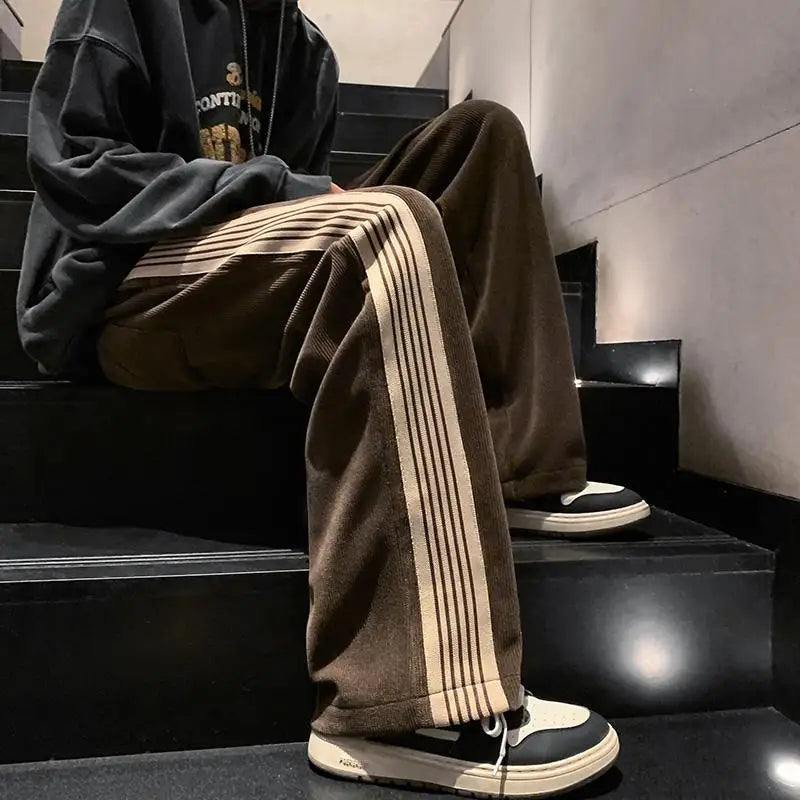 Hearujoy Street Fashion Trendautumn New Solid Side Stripe Straight Casual Pants Men's Pockets Drawstring Loose Versatile Sports Trousers