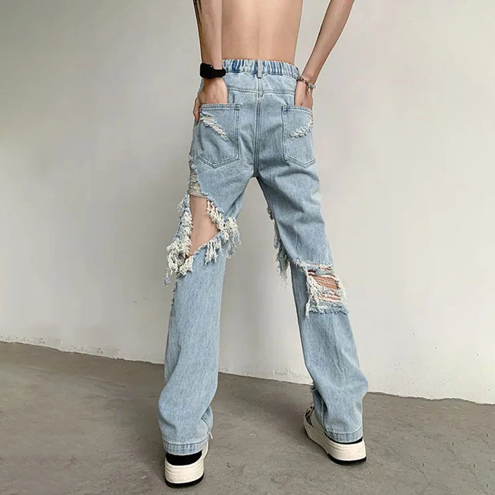 Hearujoy Y2K Unisex Perforated Jeans Mens Summer Korean 2024 Slim Design Straight Wide Leg Denim Pants LGBT Man Sexy Ripped Fringed Jeans