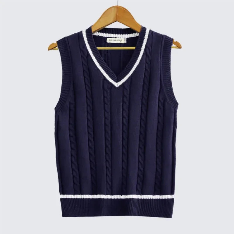 HEARUJOY  -  Striped White Knitted Sweaters for Men Blue Sleeveless Man Clothes V Neck Vest Red Waistcoat Jumpers Sweat-shirt Cigaret Cotton