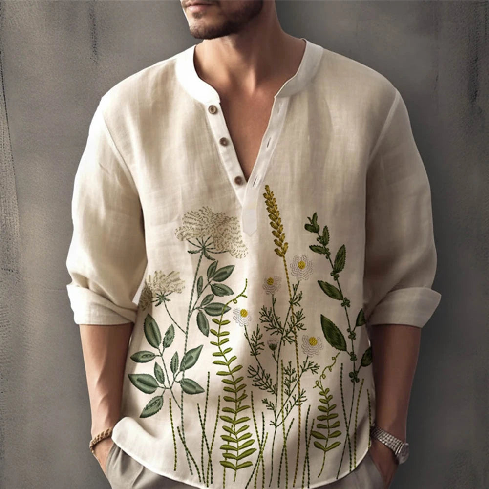 HEARUJOY  -  Blouse Men Shirt Party Traveling Single Breasted Solid Cotton Summer T Shirt Henley Tops Lightweight Turn-down