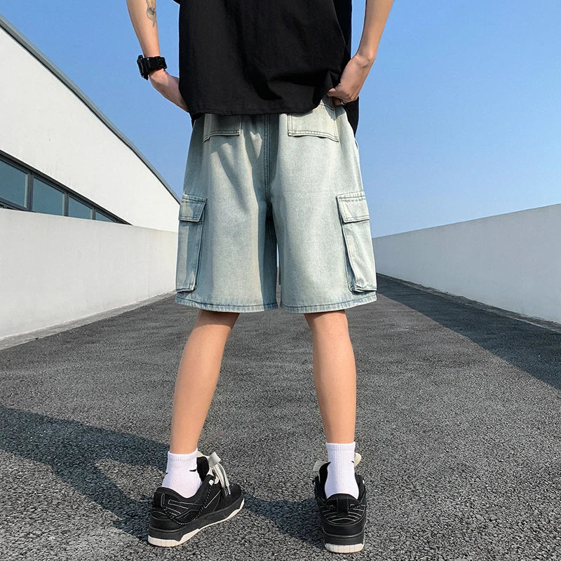 Hearujoy Korean Summer Men's Wide Leg Denim Shorts New Fashion Loose Casual Elastic Waist Large Pocket Work Shorts Men's Brand Clothing