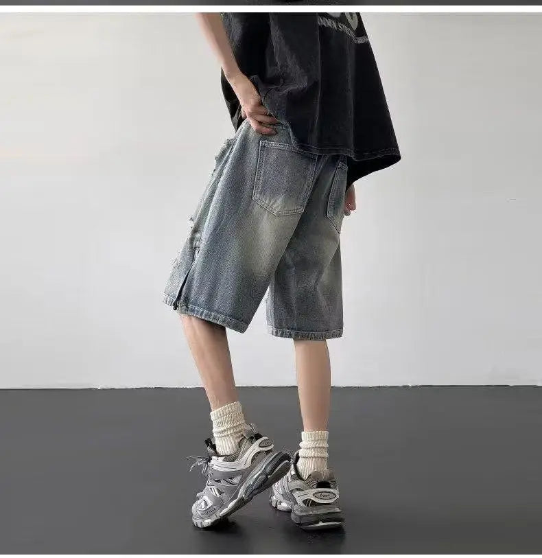 HEARUJOY  -  Men's New Zipper Slit Loose Straight-tipped Casual Five-point Ripped Denim Shorts