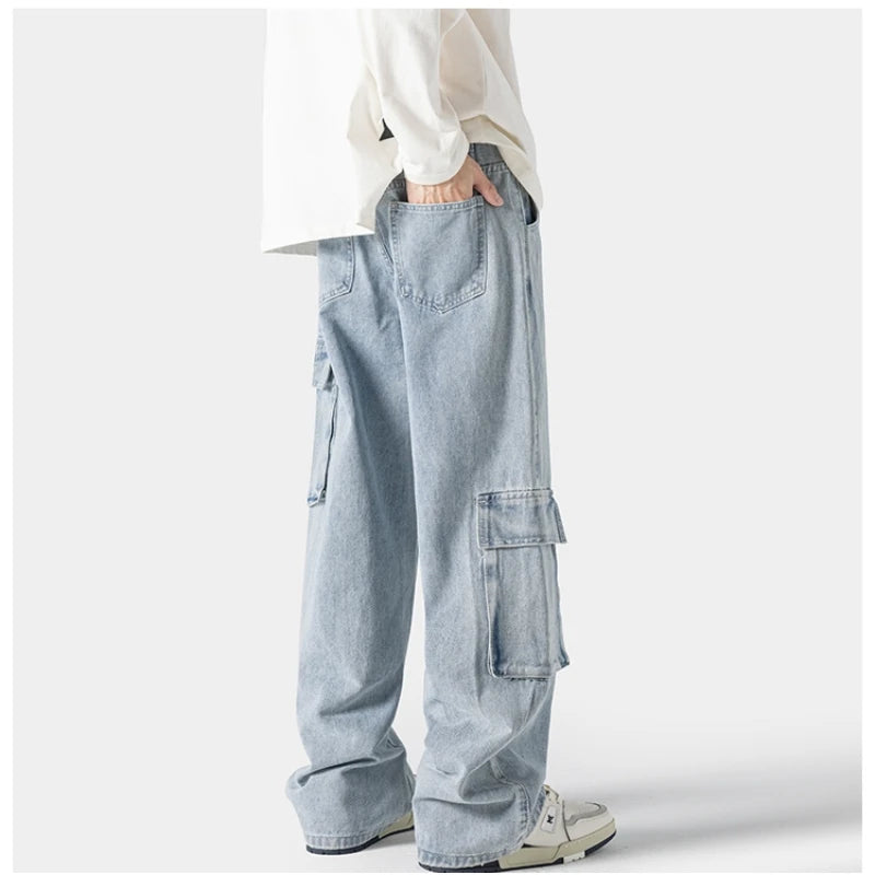 Hearujoy New Jeans Big Pocket Trousers Male Washed Denim Cargo Pants  Wide Leg Pant Men's Jeans Loose Casual Streetwear Hip Hop Harajuku