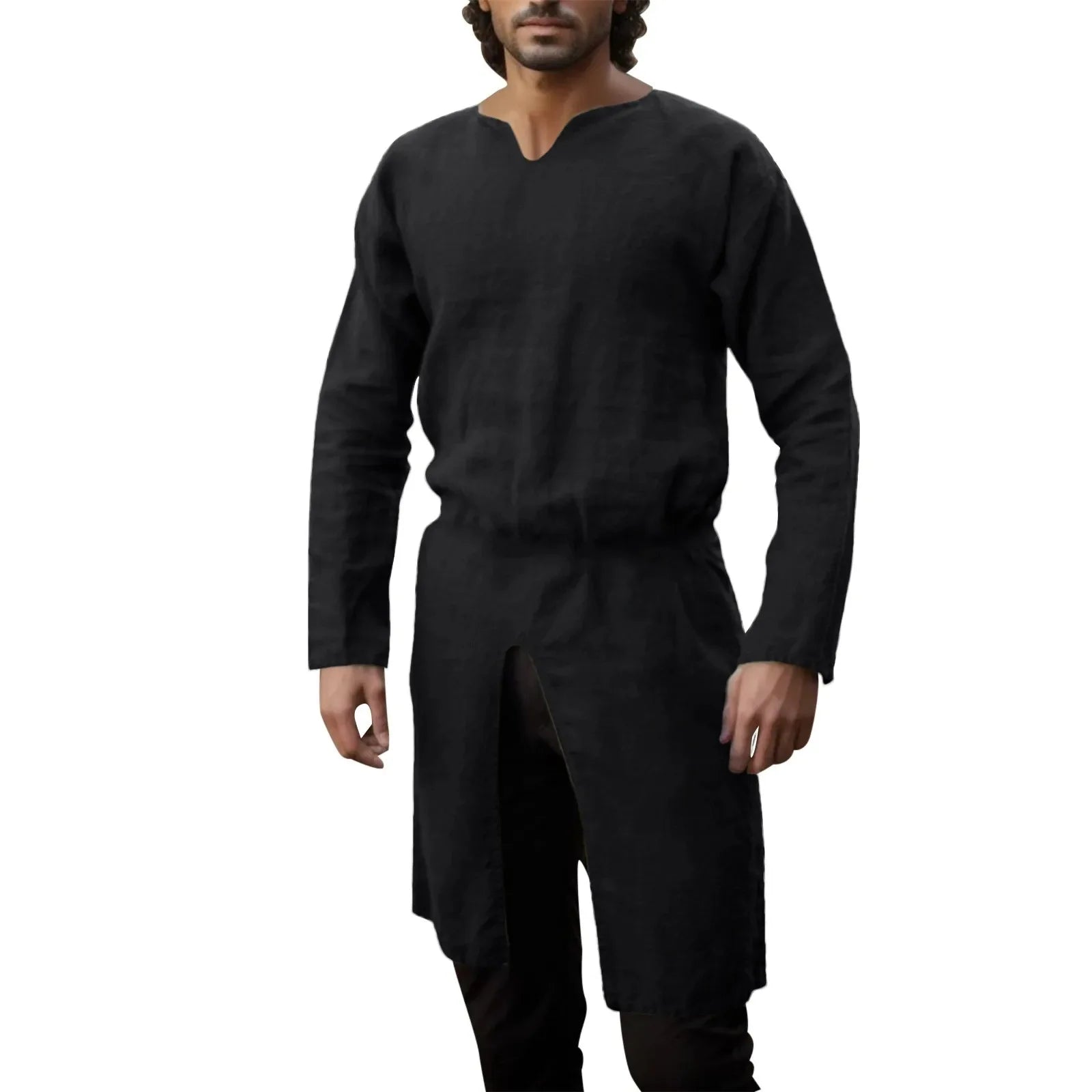 HEARUJOY  -  Streetwear Long Sleeve Tshirt For Men European Medieval Knight Top Vintage Loose V-neck Split Long Gown Pullover
