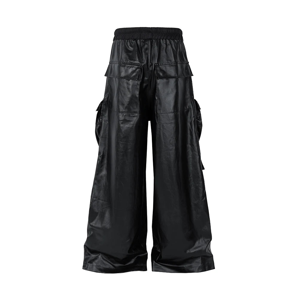 Hearujoy Matte PU Leather Pants for Men High Street Y2k Pantalones Hombre Baggy Overall Wide Leg Drawstring Cargo Pants