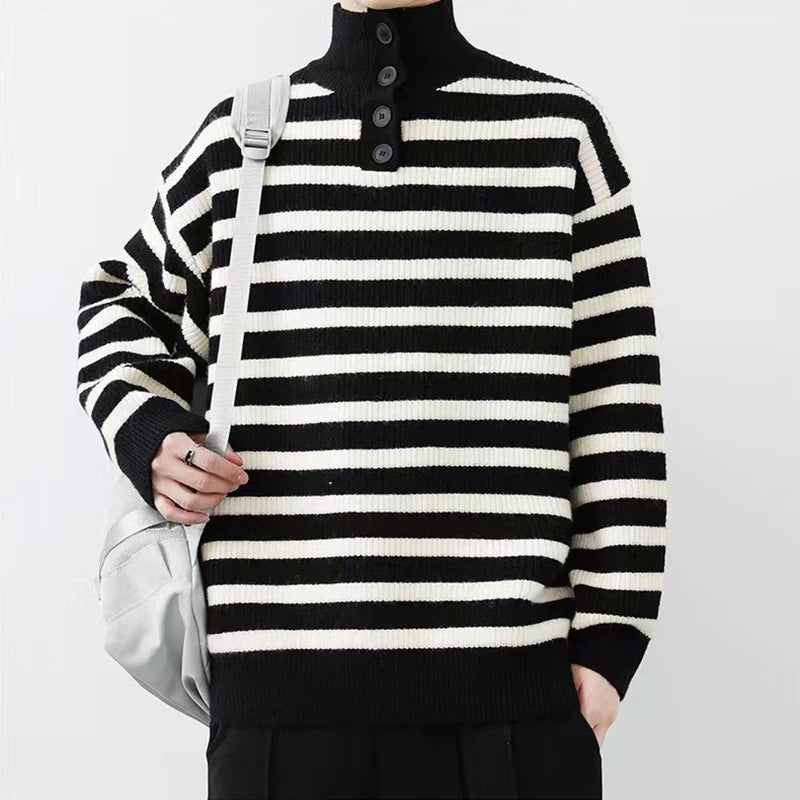HEARUJOY  -  Fall Winter Daily Casual Men's Sweater Stylish Striped Crochet Knitted Pullover Men Fashion Turtleneck Buttoned Sweaters