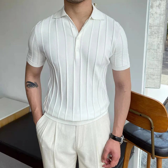 HEARUJOY  -  Summer Cotton Men Polo Shirt Business Casual Turn-down Collar Button-up Tees Fashion Flocking Tshirts Top Lce Silk Fabric Blouse