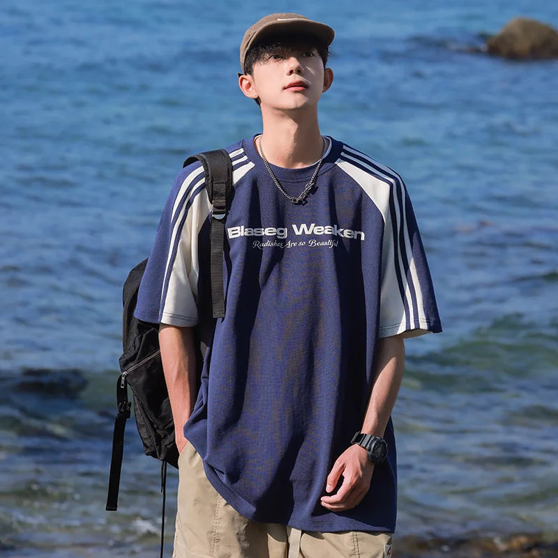 HEARUJOY  -  Streetwear Men Patchwork Striped Design T-shirt Unisex New in Summer Loose Fit American Vintage Casual Round Neck TopsTees