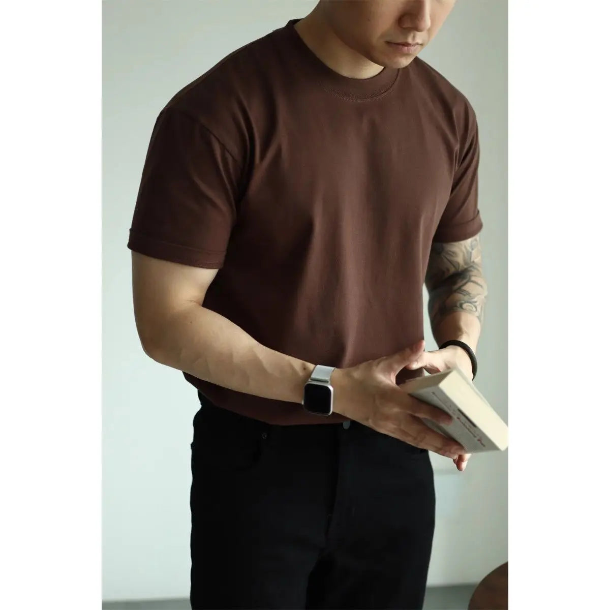HEARUJOY  -  T-shirt American Pure Cotton Tough Guy Solid Color Men Short-sleeved Round Neck Couple Casual Versatile Business Base Shirt