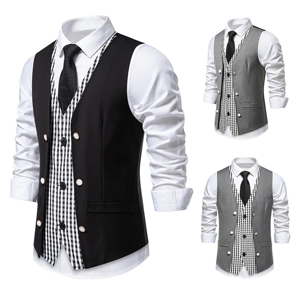 HEARUJOY  -  Fashion Business Vests Men's Suit Waistcoat Regular Length Garment Spring Autumn Fashion V Neck Sleeveless Plaid Pattern For Men