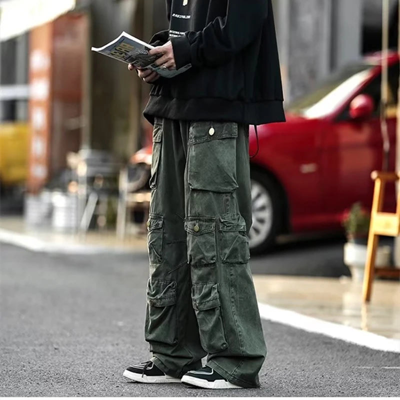 Hearujoy Men's Cargo Pants Multi-pockets Tooling Pant women's  Vintage Loose Wide Leg Pants Streetwear Casual Hip-hop Mopping Trousers