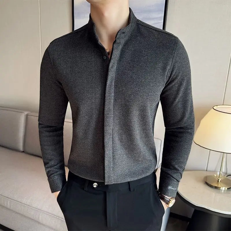 HEARUJOY  -  Thick woolen shirt For Men Autumn Winter Solid Color Slim Fit Warm Top High Quality Long Sleeve Stand Collar Shirt Streetwear