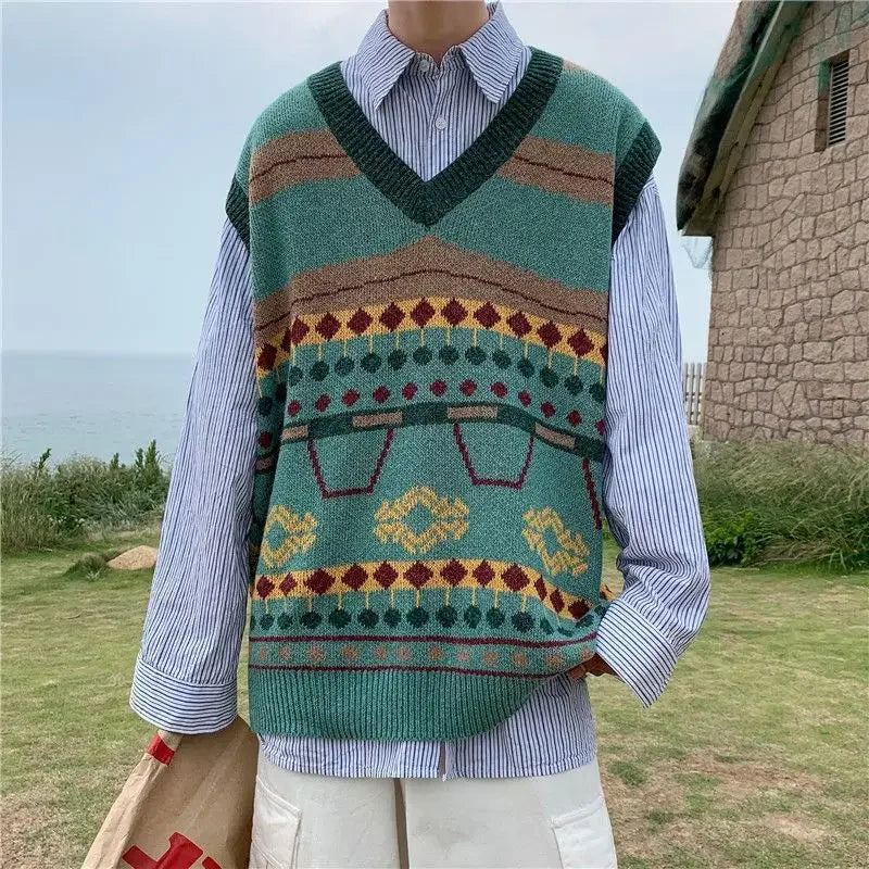 HEARUJOY  -  Sweater Man Casual Waistcoat V Neck Printed Knit Vests for Men Designer Cheap Korean Fashion Smooth Reviews Clothes Top Harajuku