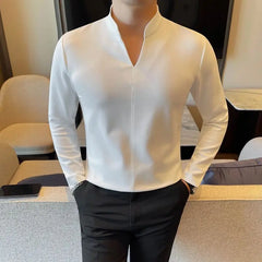 HEARUJOY  -  New Chinese Solid Color Slim and Simple Men's T-shirt Stand Collar Elastic Casual V-neck T Base Shirt