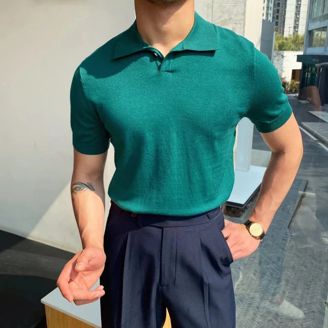 HEARUJOY  -  Summer Cotton Men Polo Shirt Business Casual Turn-down Collar Button-up Tees Fashion Flocking Tshirts Top Lce Silk Fabric Blouse