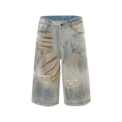 Hearujoy Mud Dyed Washed Worn Out Hole Straight Denim Pants Summer 2024 Wide Leg Contrast Color Male Shorts Casual 24E1065