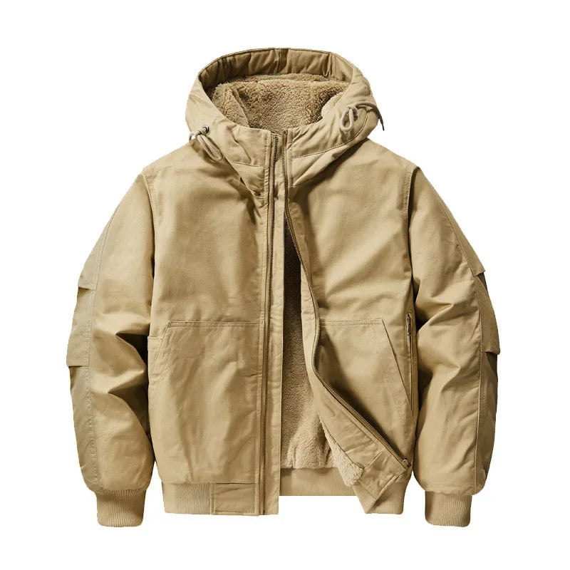 HEARUJOY  -  Men's New Autumn and Winter Cotton Jacket with Fleece Thickened Cargo Flight Short Plus Size Hooded Quilted Jacket