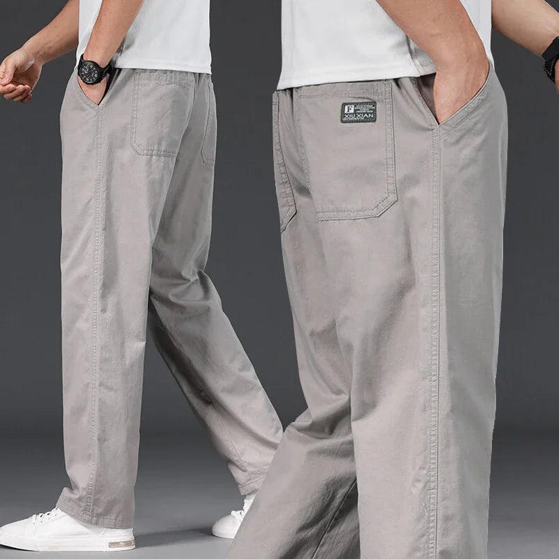 HEARUJOY  -  Big Size Men's Casual Cotton Pants Relaxed Fit Long Trousers Elastic Waist Drawstring Sweatpants Mens Jogger Pants Summer Spring