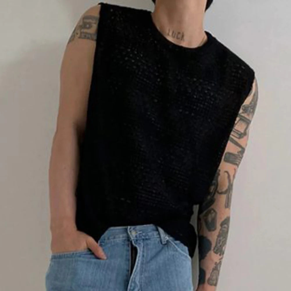 HEARUJOY  -  Casual Outings Summer Activities 2XL Men's Knitted Vest Daily Vacation Sleeveless Top Hollow Out Knitwear Loose Fit Design