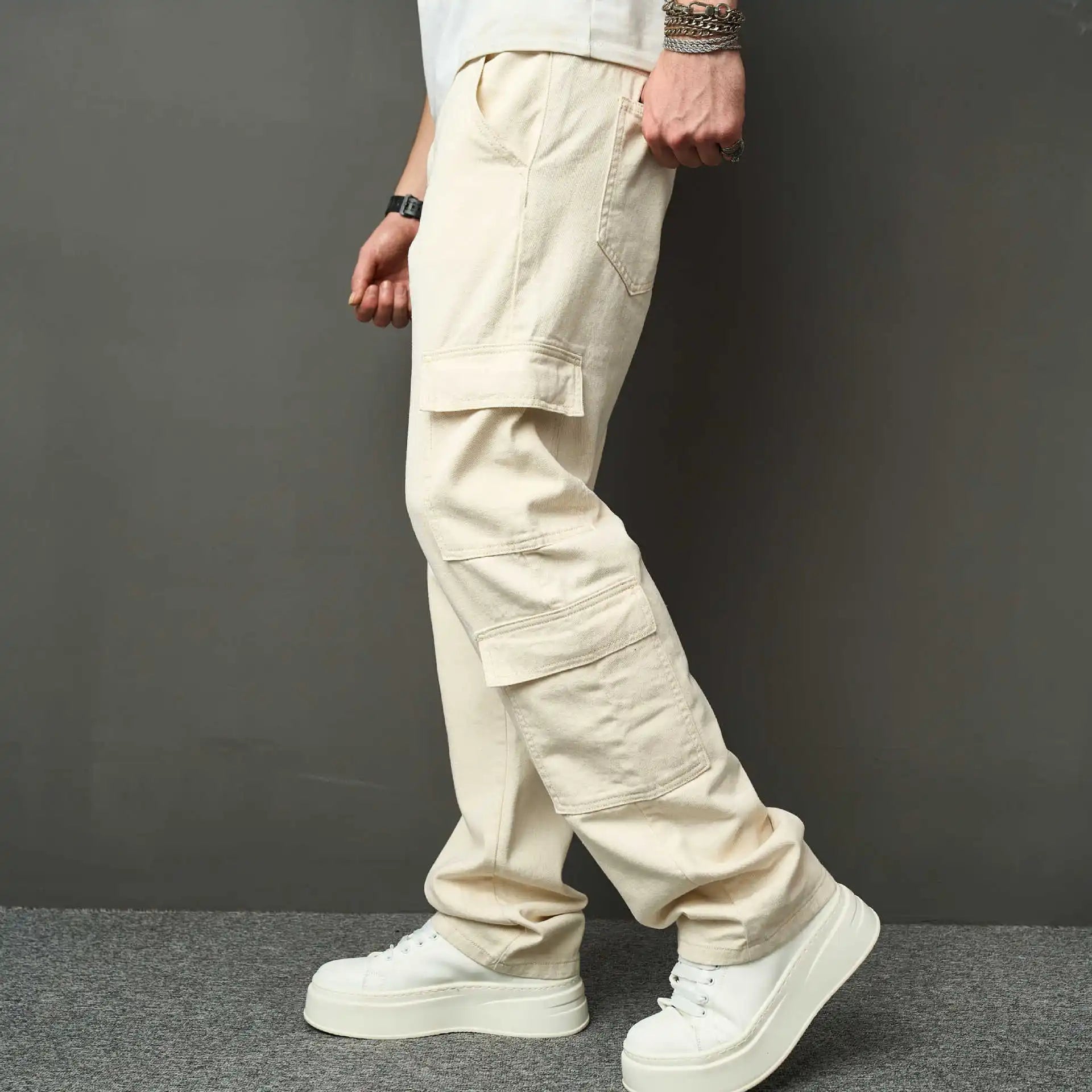 HEARUJOY  -  Spring Autumn Men American High Street Multi Pocket Cargo Pants Loose Straight Jeans Washed Workwear Wide Leg Denim Trousers
