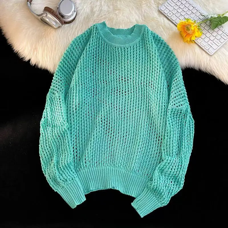 HEARUJOY  -  Hollow Hole Men Women knitted Tshirts High Street Fashion Loose Long Sleeved Top Autumn Sexy Mesh Knit Sweater Pullover Unisex