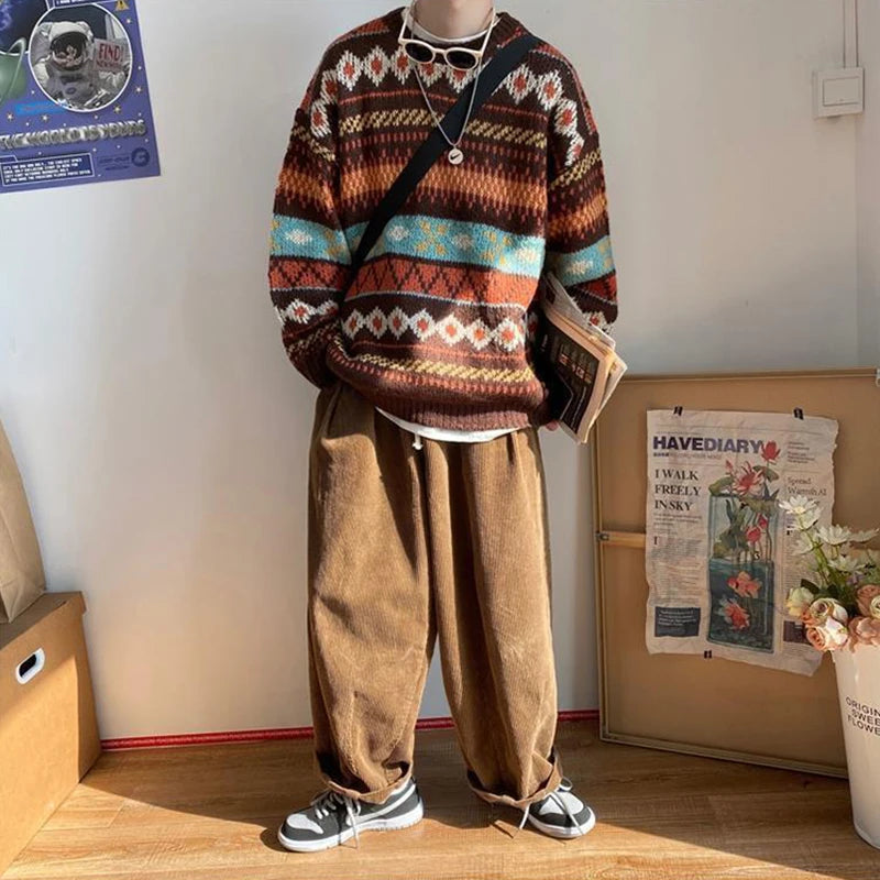 Hearujoy Men's Knitted Vintage Graphic Sweater with Pattern Brown Blue Pullovers Sweaters and Jumpers Korean Streetwear Harajuku