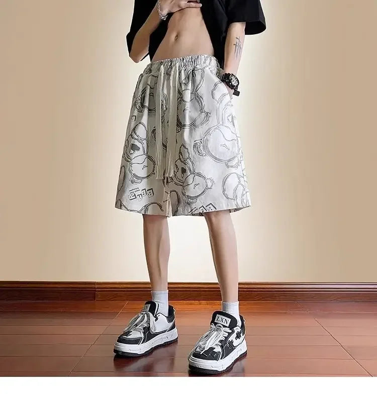 HEARUJOY  -  Men's New Spliced print Five-point Loose Drawstring Design Bear Print Shorts