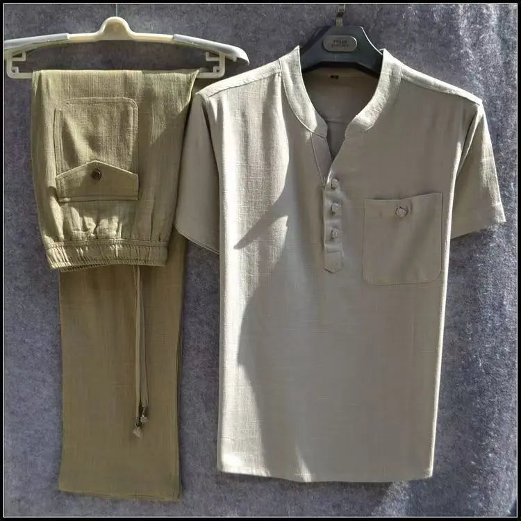 HEARUJOY  -  Summer Comfortable Short-Sleeved Button Shirt Sets Men's Solid Color Shirt Shorts Suit Men's Cotton Linen Casual Suit