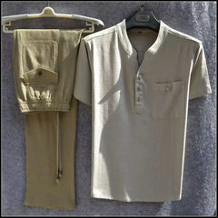 HEARUJOY  -  Summer Comfortable Short-Sleeved Button Shirt Sets Men's Solid Color Shirt Shorts Suit Men's Cotton Linen Casual Suit