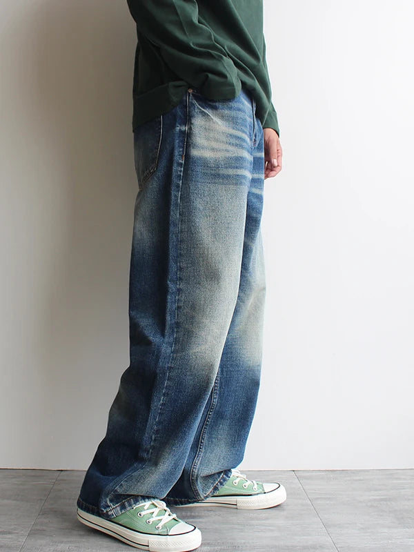 HEARUJOY  -  Autumn Winter American-style Blue Jeans for Men Straight Leg Thick Warm Wide-Leg Loose Fit Trendy Casual Washed Denim Pants