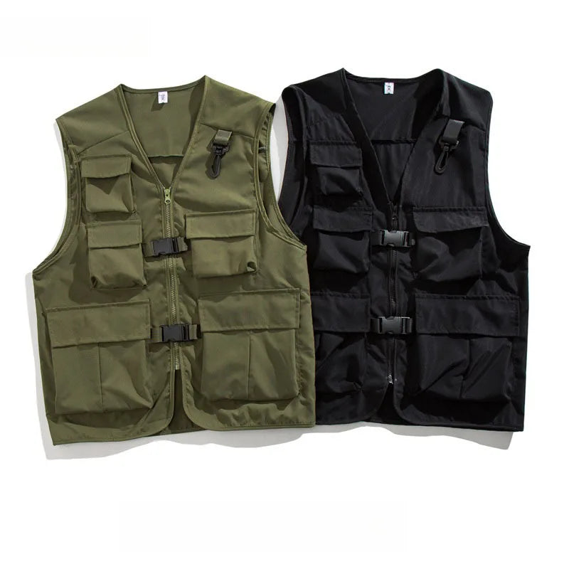 HEARUJOY  -  Pure Color V Neck Multi Pocket Utility Vest Men Trendy High Street Sporty Unisex Loose Sleeveless Jacket Functional Casual