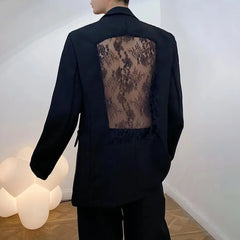 Hearujoy Mens See-Through Hollow Lace Casual Suit Autumn Genderless Fashion Personality Nightclub Sexy Splicing Loose Suit Jacket Unisex