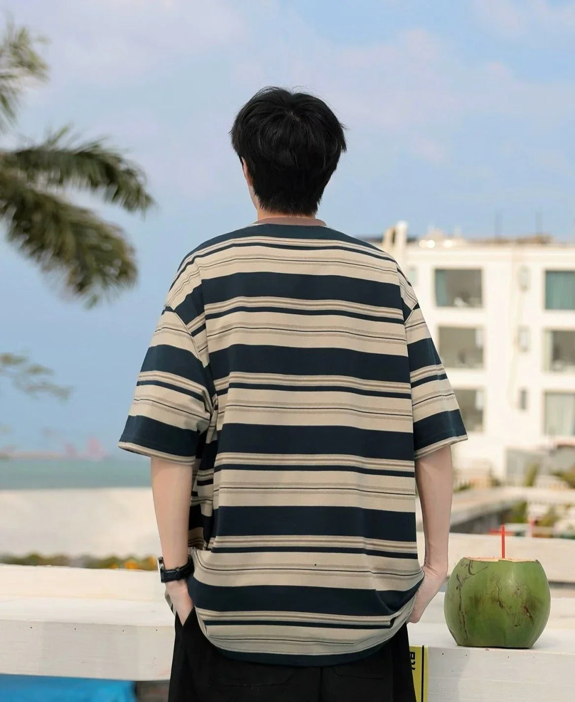HEARUJOY  -  Striped Top Man Tee Shirts Loose T Shirt for Men Kpop Original Luxury High Quality Cheap Clothes Casual New in Harajuku Funny