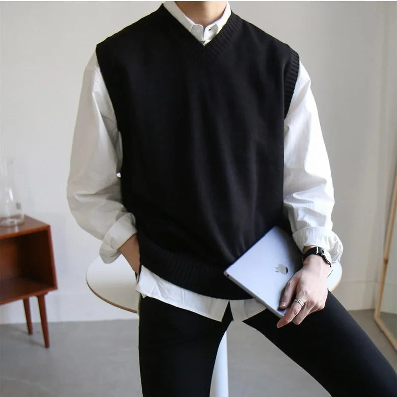 Hearujoy New Mens Sweater Vest Spring Sleeveless Loose Solid Color Simple V Neck Sweater Men Korean Fashion Harajuku Pullover Vest