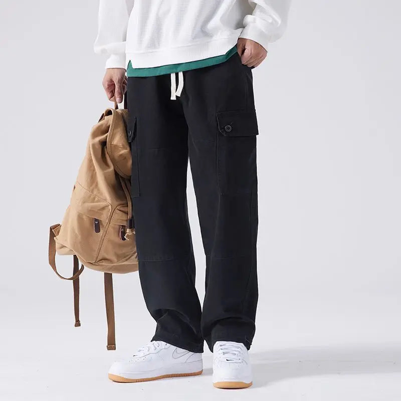 HEARUJOY  -  Streetwear Fashion Men Full Cargo Pants Spring Autumn Harajuku Vintage Oversize Solid Casual Male Loose Wide Leg Denim Trousers