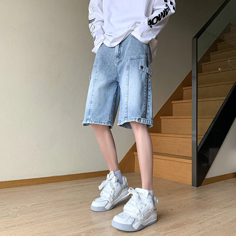 Hearujoy Summer High Street Vibe Jeans Fashion Retro Street Stitching Zipper Denim Shorts Street Hip-hop Men Straight Wear White Pants