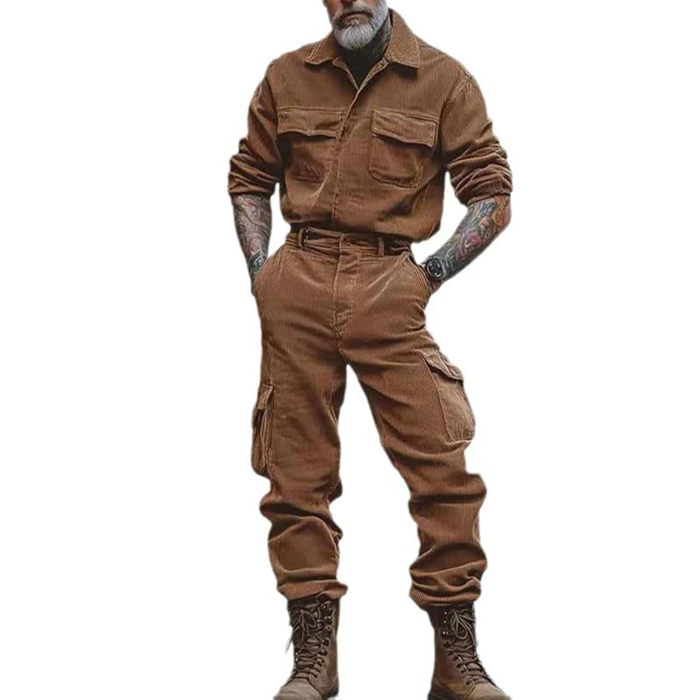 HEARUJOY  -  Mens Solid Color Ah Mei Khaki Workwear Clothing Autumn And Winter Fashion Trend Leisure Suit Long-Sleeved Jumpsuit Trousers Men