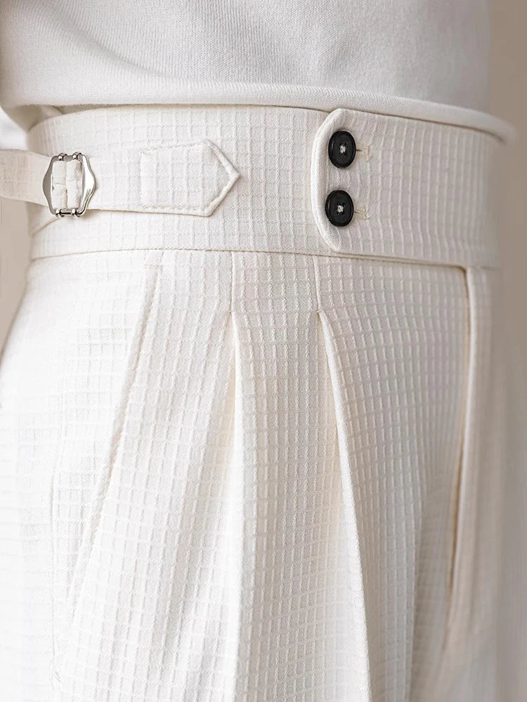 HEARUJOY  -  Naples Style High Waist Pants Mens Stylish Waffle Textured Slim Straight Trousers Men Autumn Casual Button Lace-up Suit Trousers