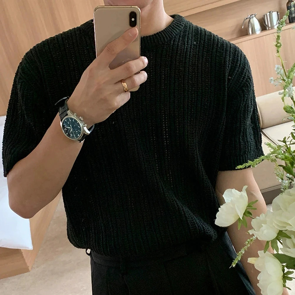 HEARUJOY  -  Fashion Knitted T-shirt For Men Top Tshirt Loose Fit Knitted Top Regular Length Garment Slight Stretch Material