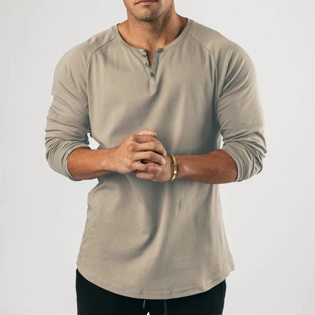 HEARUJOY  -  Fashion New T-Shirt Mens Elastic Henley Grandad Long Sleeve Pullovers Slim Fit Solid Color Undershirt V Neck Tops