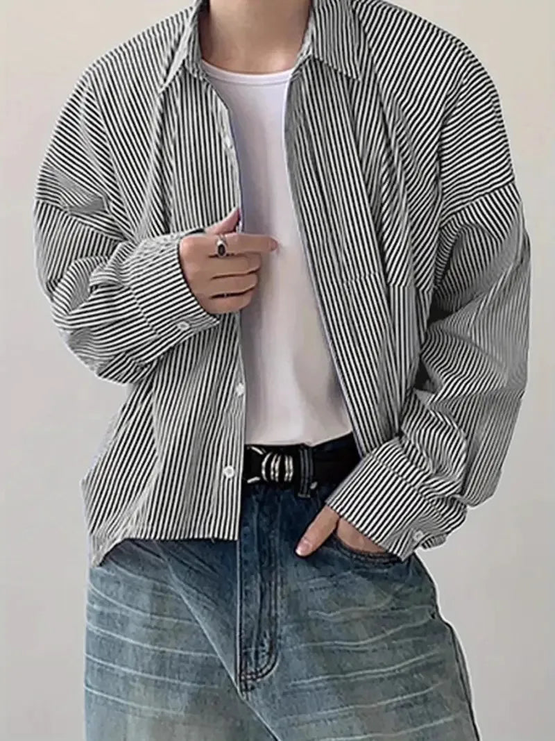 HEARUJOY  -  New Japanese Trendy Men Shirts Light Luxury Textured Lapel Striped Long Sleeve Cardigan Tops Leisure Premium Loose Blouse M-2XL