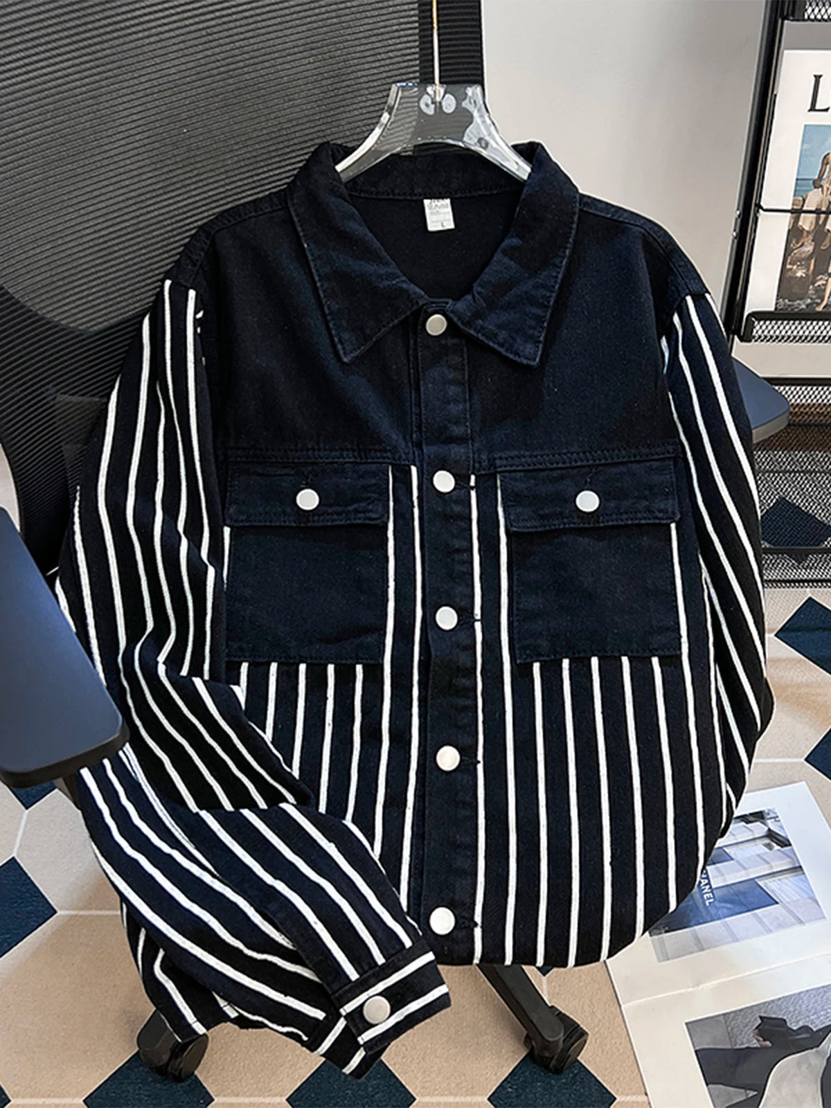 Hearujoy Premium Splicing Black White Striped Denim Jacket for Men's Wear Spring Autumn 2024 Niche Street Bombing Washed Jacket Workwear