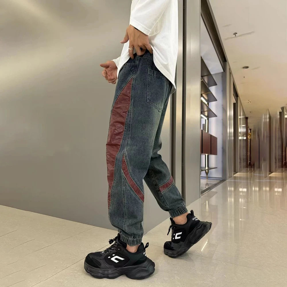 Hearujoy Mens Street Hip-Hop Y2k Jeans Autumn New Fashion Trend Contrast Color Stitching Trousers Loose Slim Elastic Waist Harem Pants
