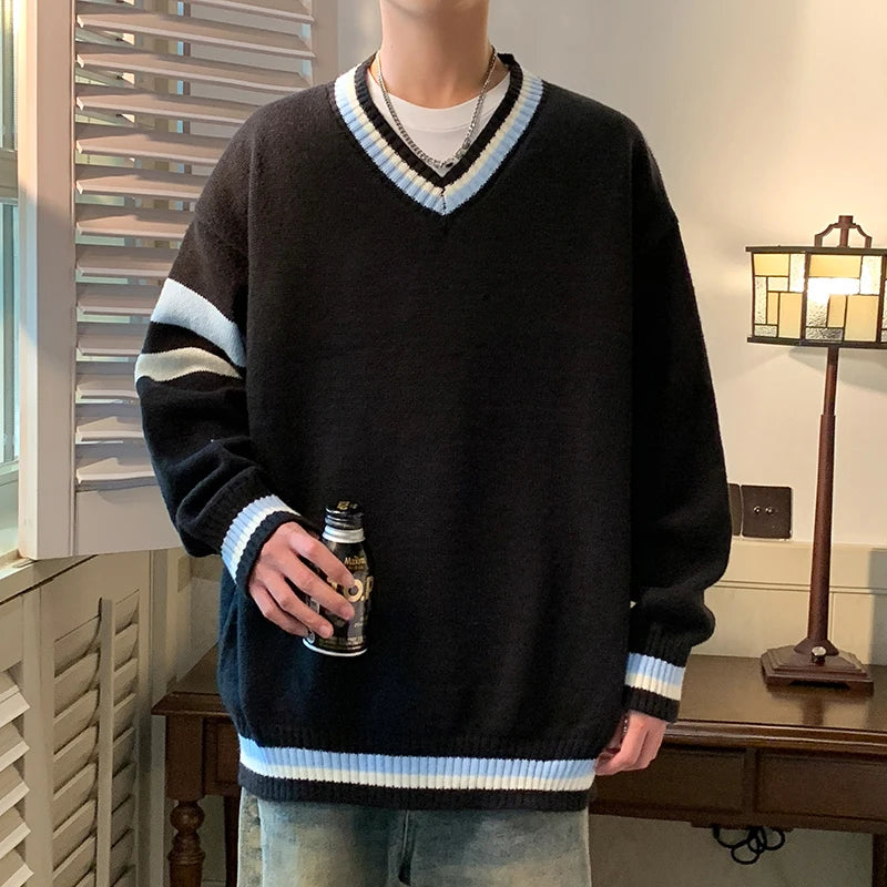 HEARUJOY  -  Preppy V-neck Sweater for Men Couples Pullovers Ins Knitted Top Autumn Korean Trendy Loose-fit Line Clothes for Students Youth