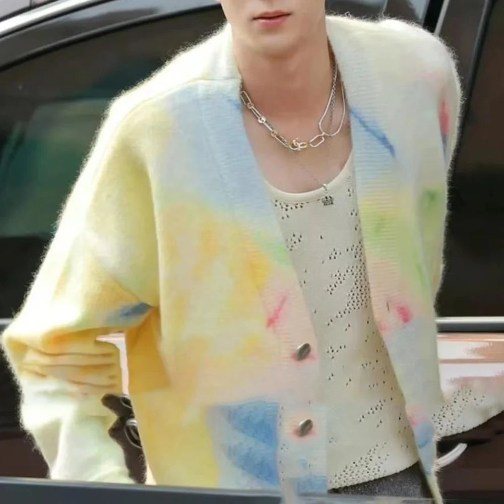 Hearujoy Autumn And Winter Mens Coat Colorful Tie-Dye Knitted Cardigan Coat Versatile Casual Loose Lazy Style Long-Sleeved Sweater