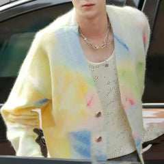 Hearujoy Autumn And Winter Mens Coat Colorful Tie-Dye Knitted Cardigan Coat Versatile Casual Loose Lazy Style Long-Sleeved Sweater