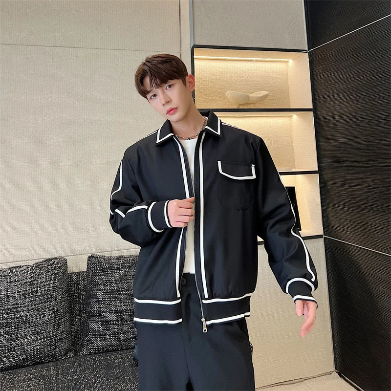 Hearujoy Korean Street clothing fashion Spring Casual Contrast Colors Striped Male Casual Jacket Men's Niche Desgin Black Coats